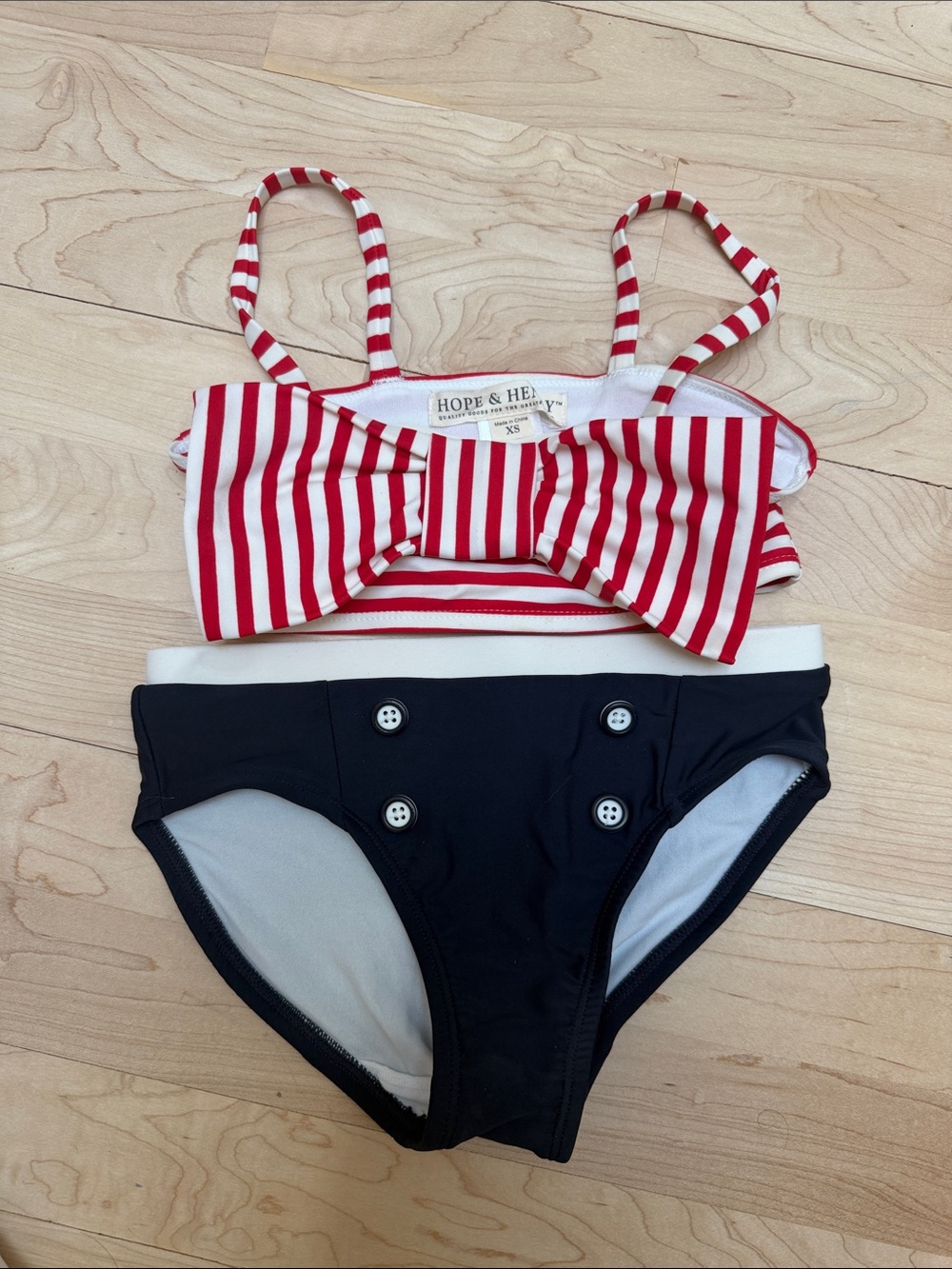 Hope & Hen Navy High-Waist Bikini Bottoms with Red & White Stripe Bow Top